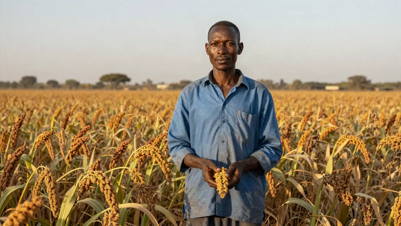 Cultivateur malien dans son champ de mil à la tombée du jour