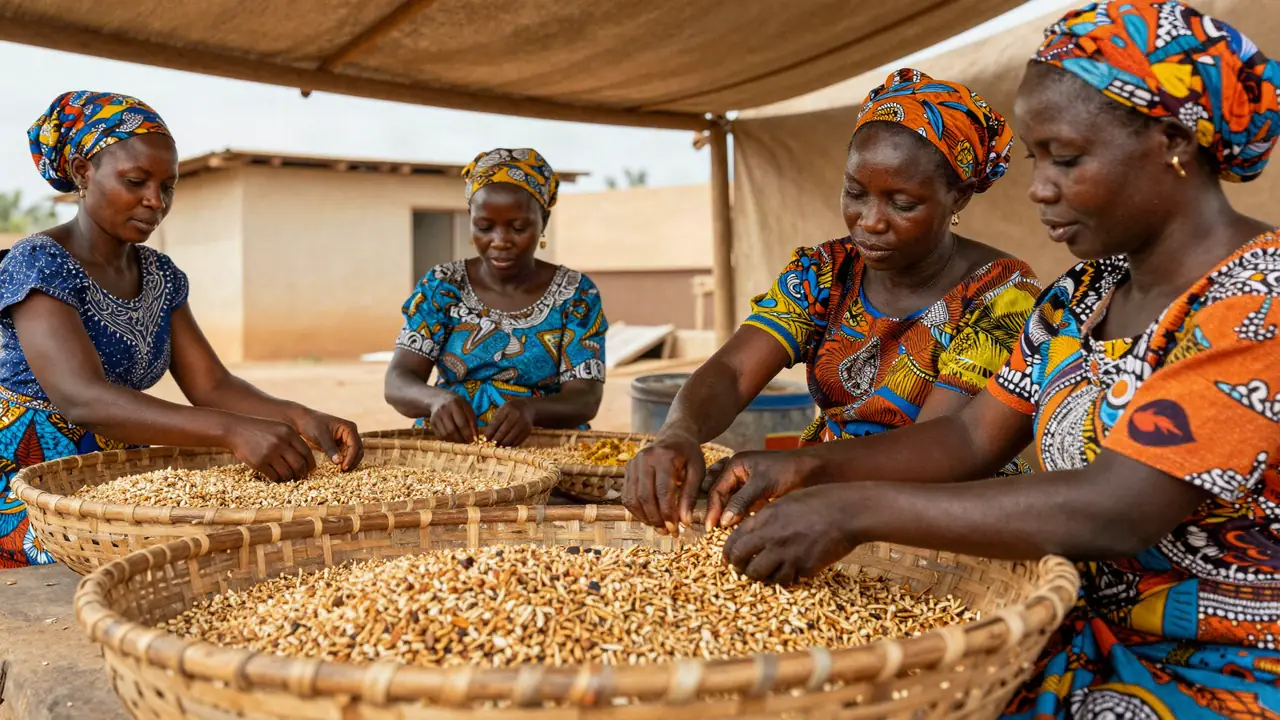 Femmes d’une coopérative maliennne triant des amandes de karité
