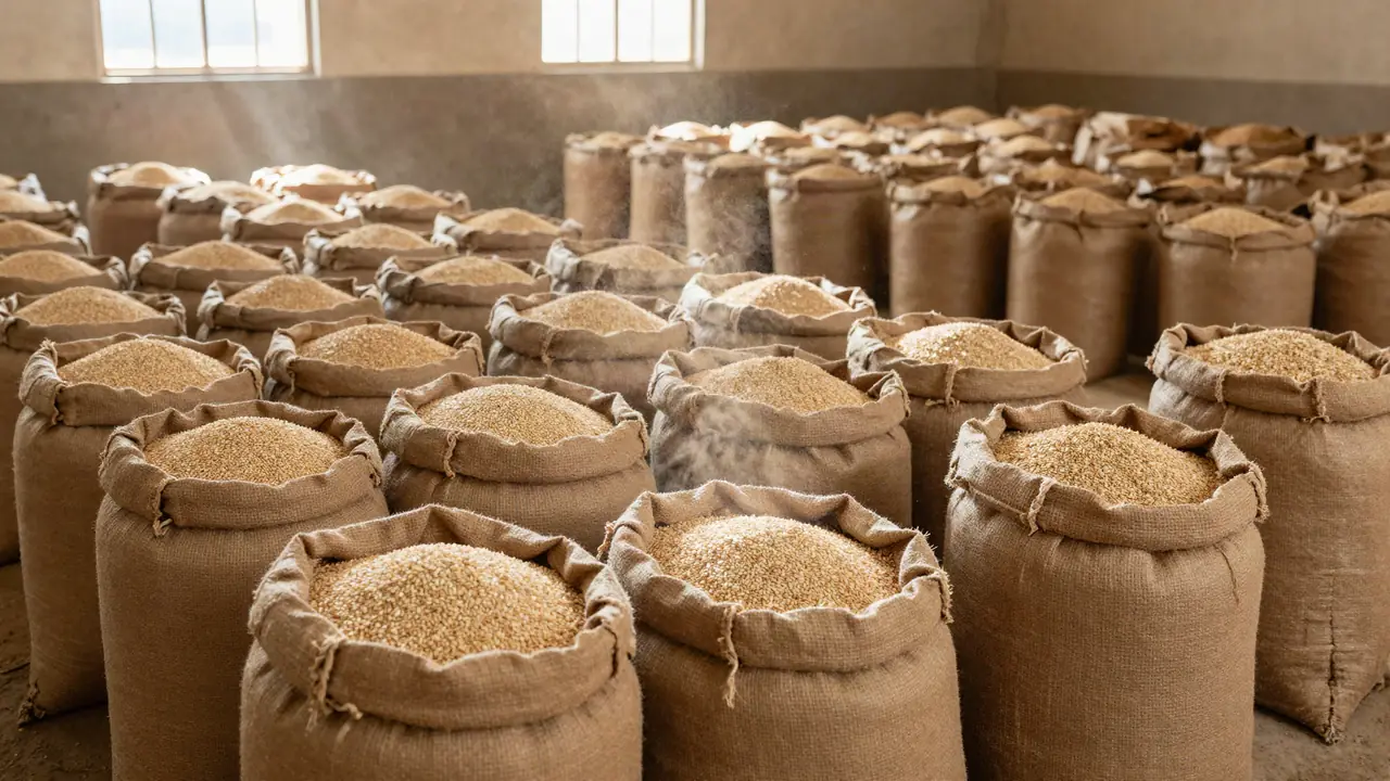 Sacs de céréales stockés dans un entrepôt au Mali