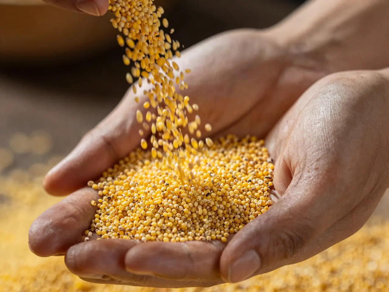 Grains de mil coulant entre deux mains