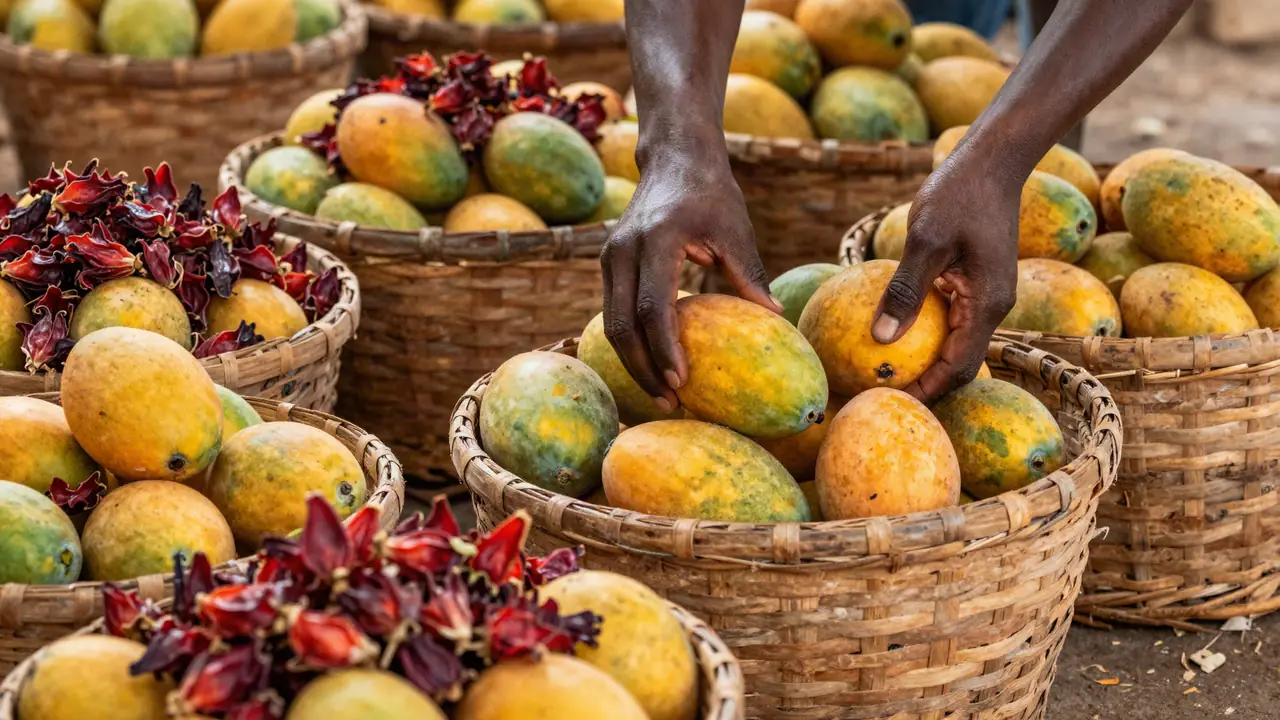 Mangues et calices d’hibiscus fraîchement récoltés dans des paniers